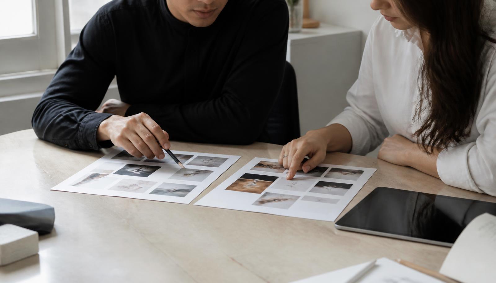 Designer avaliando composições impressas em uma mesa de trabalho iluminada