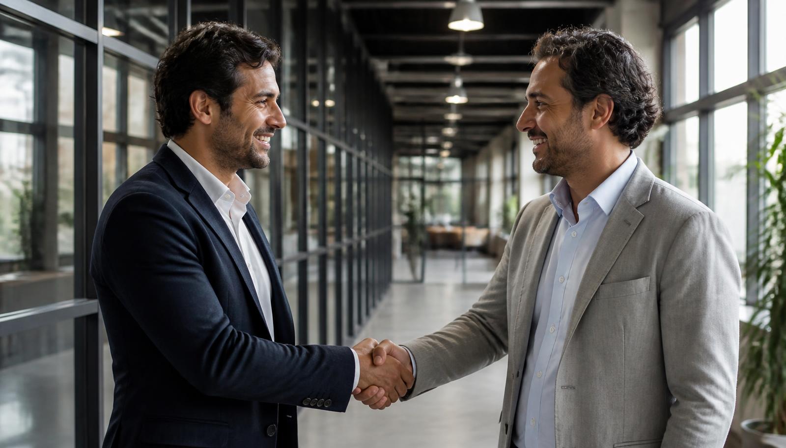 Dois empresários apertando as mãos no corredor de um escritório industrial moderno
