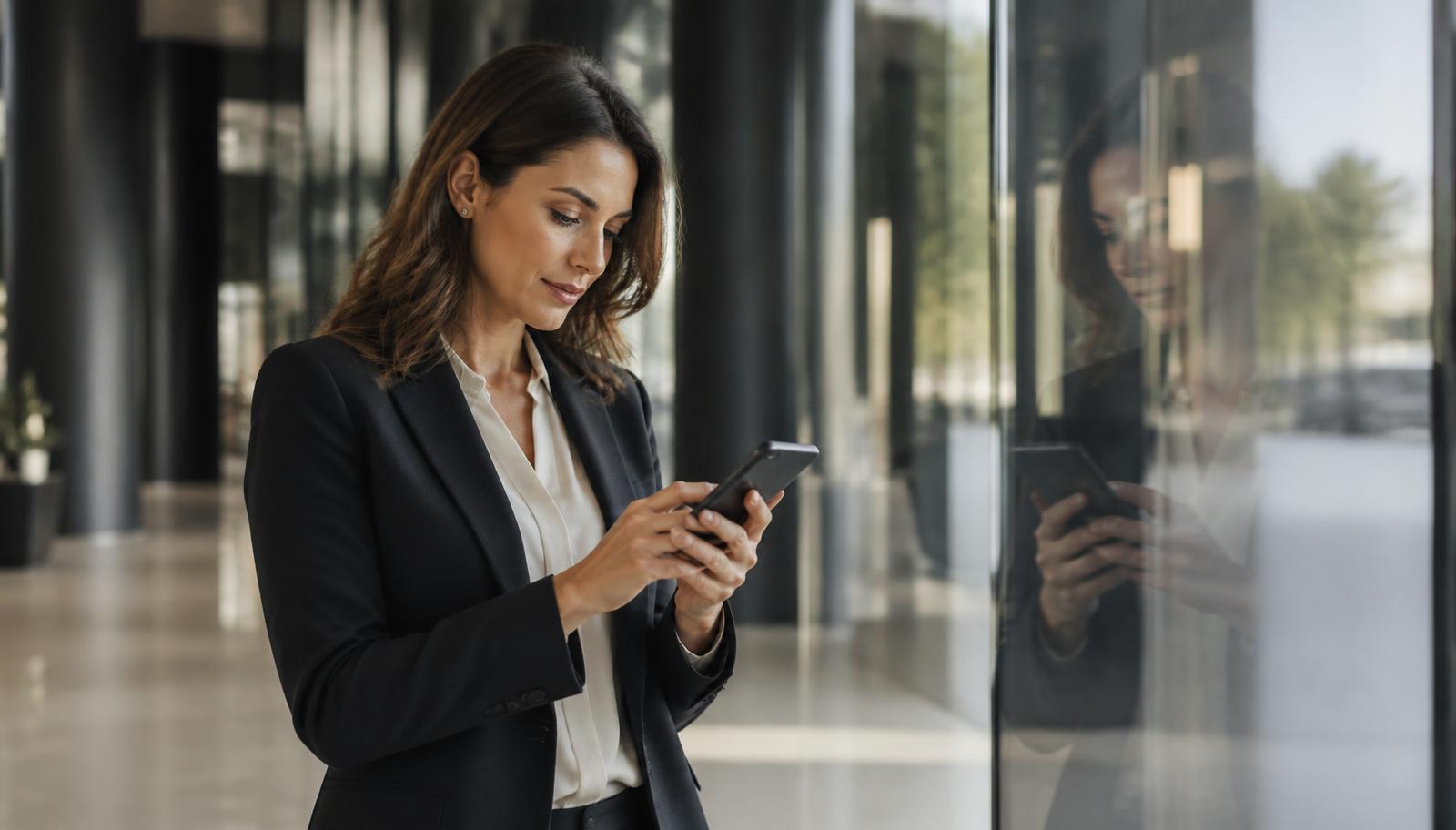 Executiva realizando uma busca no smartphone no saguão de um edifício corporativo