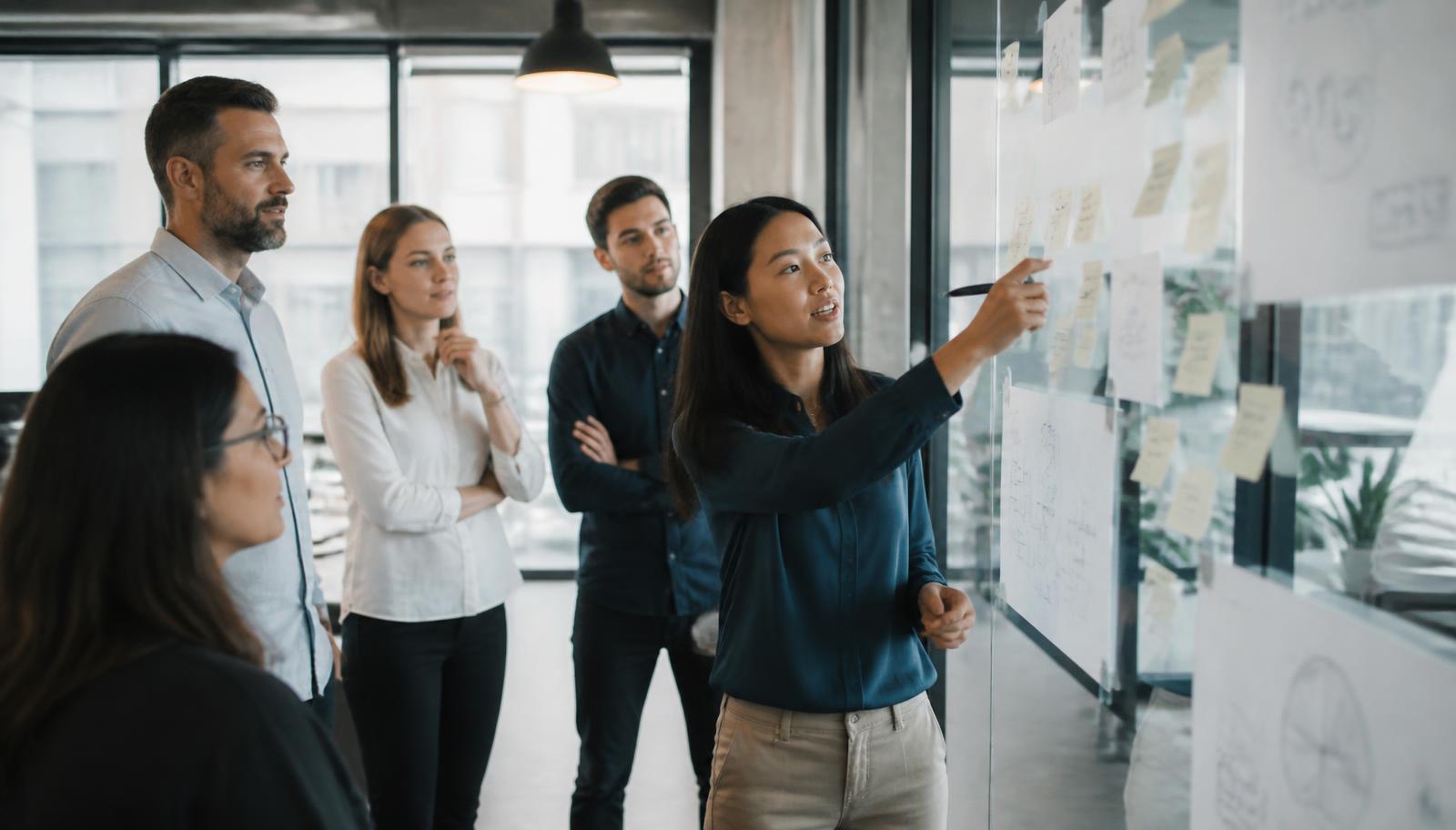 Equipe discutindo indicadores anotados em um painel de vidro no escritório
